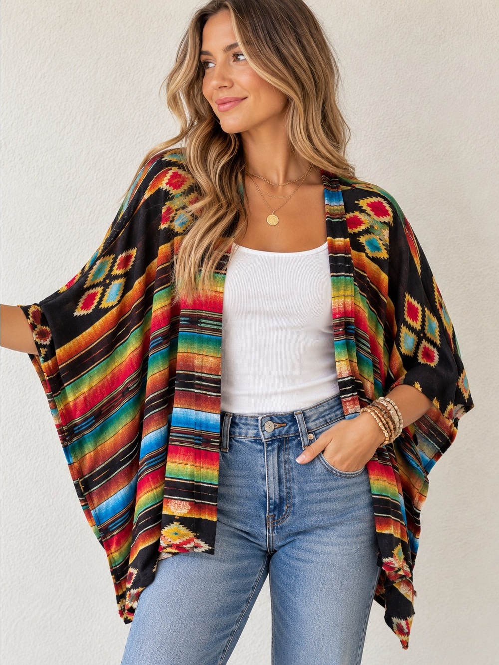See You Monday Multicolor Striped Open Cardigan Lightweight Poncho one size